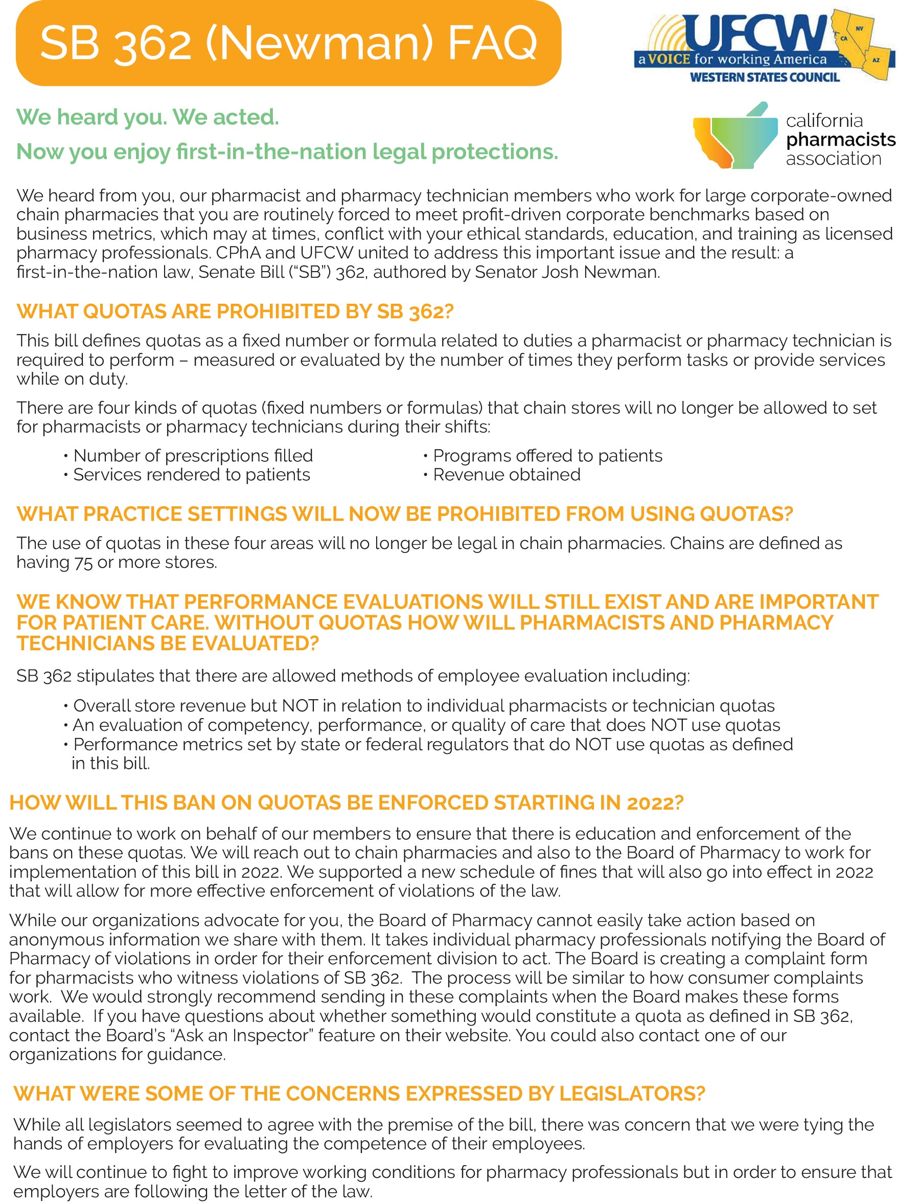 UFCW California Pharmacists Association Wins Legislative Effort to End Retail Pharmacy Quotas SB 362 Newman FAQ digital poster